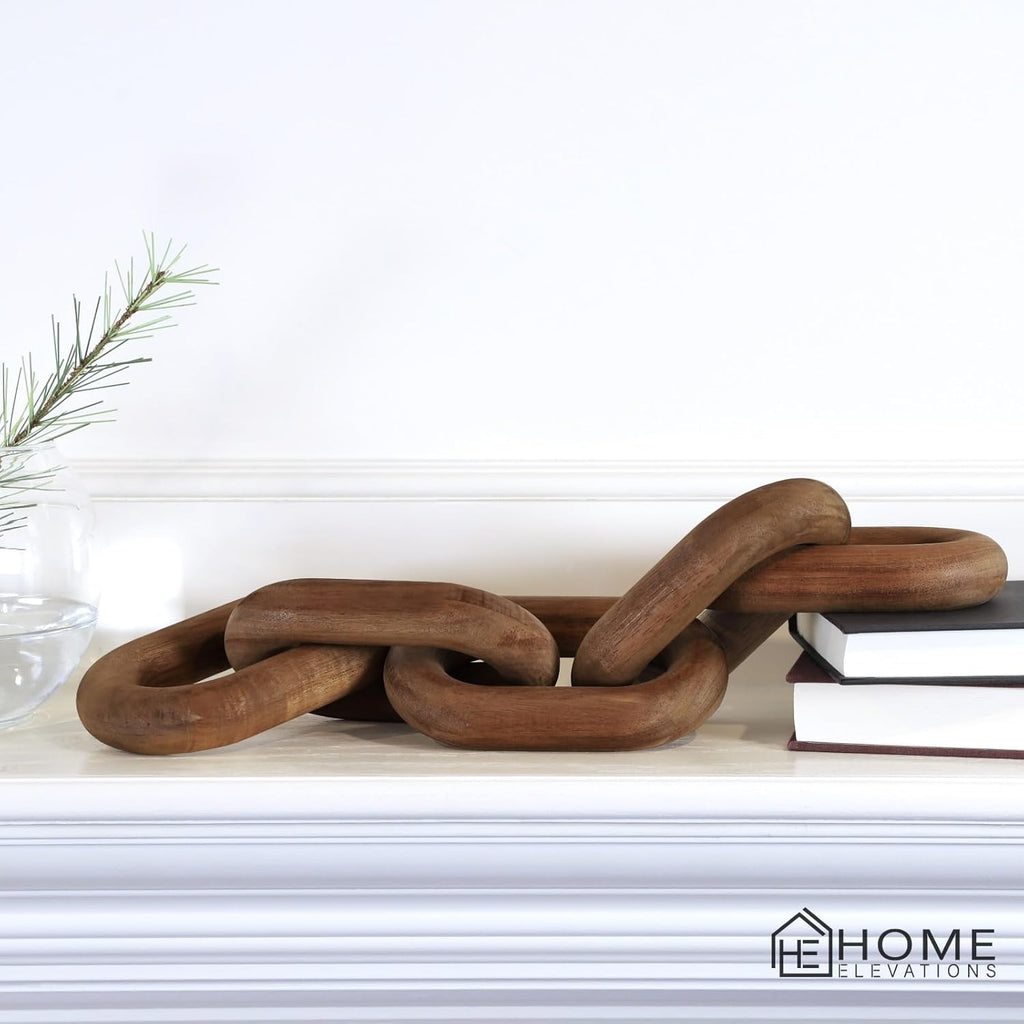 Acacia Wood Chain Link Decor- Brown with Subtle Red Undertone Decorative Chain Links for Coffee Table, Book Shelves, & Racks - Modern Rustic Home Decor Gift Ideas for Housewarming & Wedding