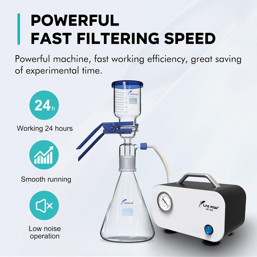 LAB FISH Lab Vacuum Pump 10L/min Portable Oilless Diaphragm Vacuum Filtration & Rubber Tube