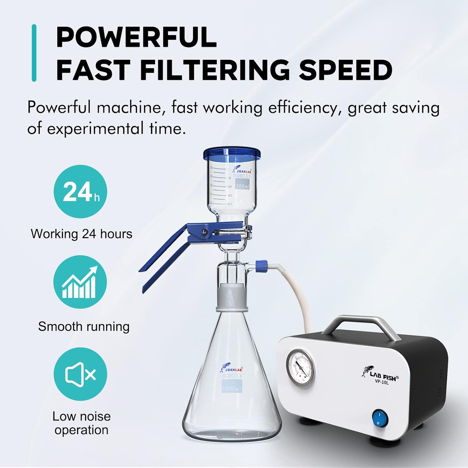 LAB FISH Lab Vacuum Pump 10L/min Portable Oilless Diaphragm Vacuum Filtration & Rubber Tube