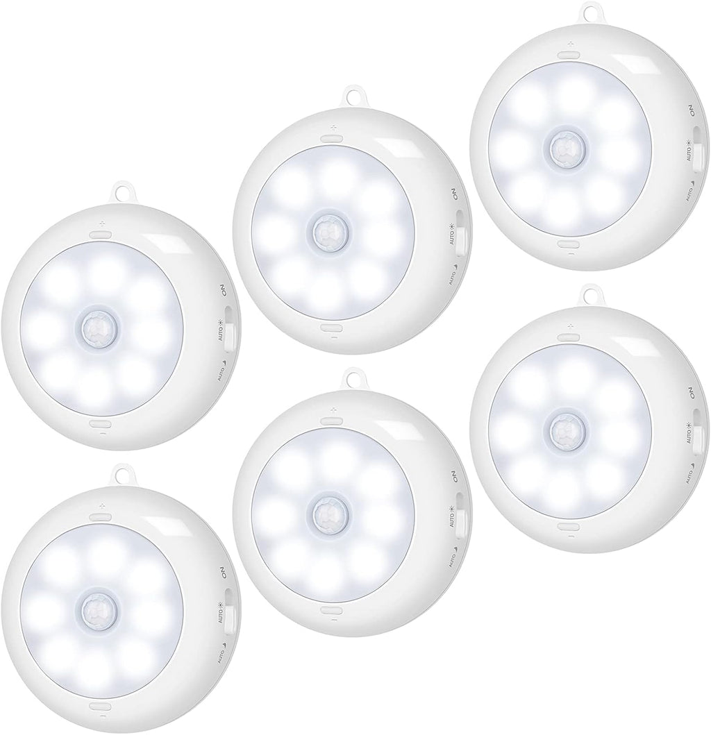 BLS Motion Sensor Light Indoor, Wireless LED Night Light, Under Cabinet Lighting, Battery Powered Puck Lights for Closet, Kitchen, Stairs, Wall, AA Battery Operated, Stick on, Dimmable, White, 6 Pack