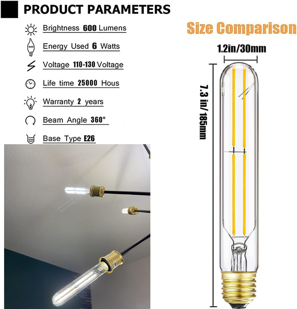 T10 LED Bulb E26 60 Watt Dimmable 7.3 INCH Tubular Long Light Bulbs, 5000K Cool White Tube Light Bulb for Candelabra, Wall Scones, Chandelier and Ceiling Fan, 120V 600Lumens 6 Pack