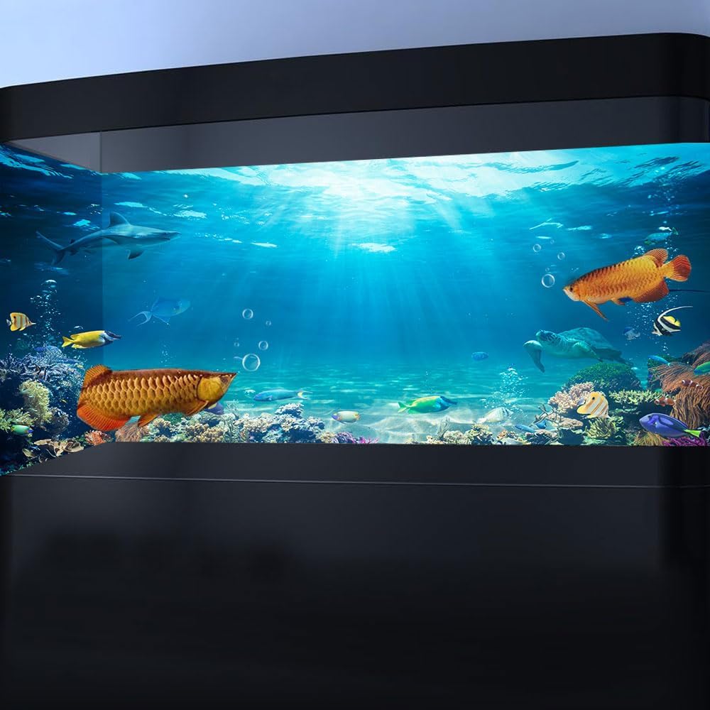 48X20IN Aquarium Background Under The Sea Coral Reef Scenery Backdrop Terrarium Background Underwater Marine Organism Fish Tank Background with 10EVA Double-Sided Tape, Blue02