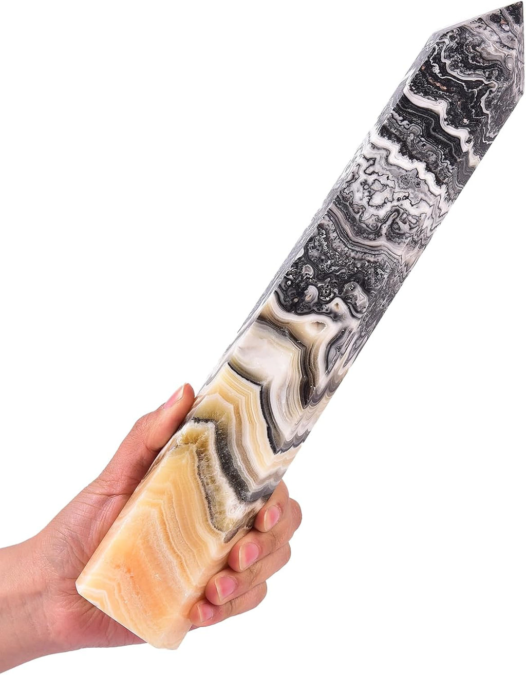 JIC Gem Natural Black and Yellow Calcite Healing Crystal Obelisk Tower 6 Faceted Large Crystal Wand Reiki Chakra Meditation Therapy Decor Crystal Gift 3.5-4.0 Lbs