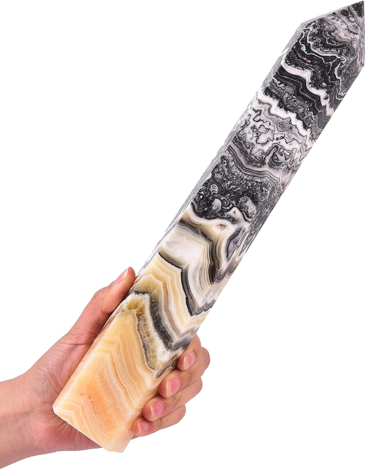 JIC Gem Natural Black and Yellow Calcite Healing Crystal Obelisk Tower 6 Faceted Large Crystal Wand Reiki Chakra Meditation Therapy Decor Crystal Gift 3.5-4.0 Lbs