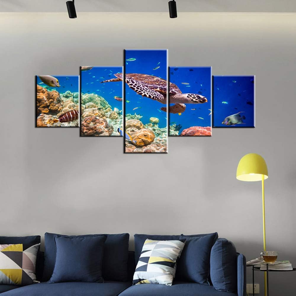 Sea Turtle Art Hawksbill Turtle Pictures Aquatic Sealife Paintings 5 Panel Canvas Wall Art Underwater World Artwork House Decor Living Room Wooden Framed Ready to Hang Poster and Prints(50''Wx24''H)