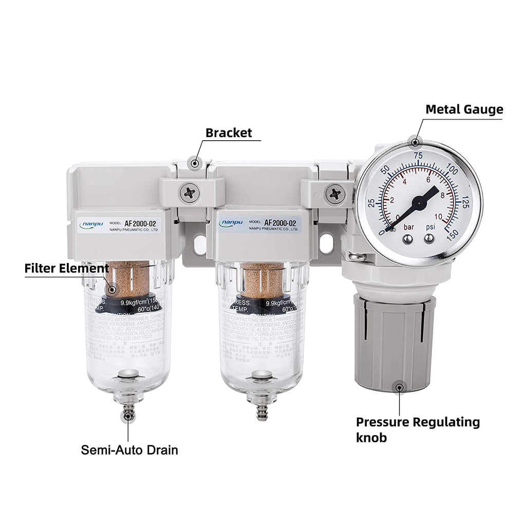 NANPU 1/4" NPT Air Drying System - Double Air Filters, Air Pressure Regulator Combo - Semi-Auto Drain, Poly Bowl