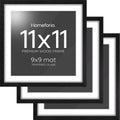 Homeforia 11x11 Black Wood Frame, High-End Oak 11 x 11 Square Picture Frames with Mat 9 by 9 inch Photo, 11by11 Wooden Frame Matted to 9x9 Art, Wall Hanging Frames, Tempered Glass, Wall Kit, Set of 3