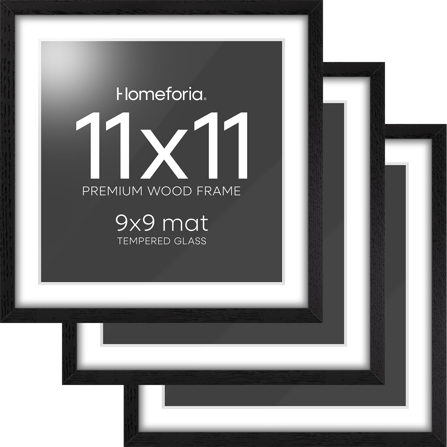 Homeforia 11x11 Black Wood Frame, High-End Oak 11 x 11 Square Picture Frames with Mat 9 by 9 inch Photo, 11by11 Wooden Frame Matted to 9x9 Art, Wall Hanging Frames, Tempered Glass, Wall Kit, Set of 3
