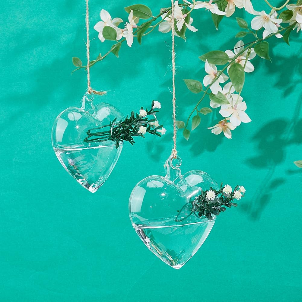 4pcs Glass Hanging Planter Air Fern Holder Hanging Hydroponic Vases with Jute Rope Terrarium Plants Hanger Vase Succulent Planter Terrariums for Moss Air Plants Christmas Decor (Heart)