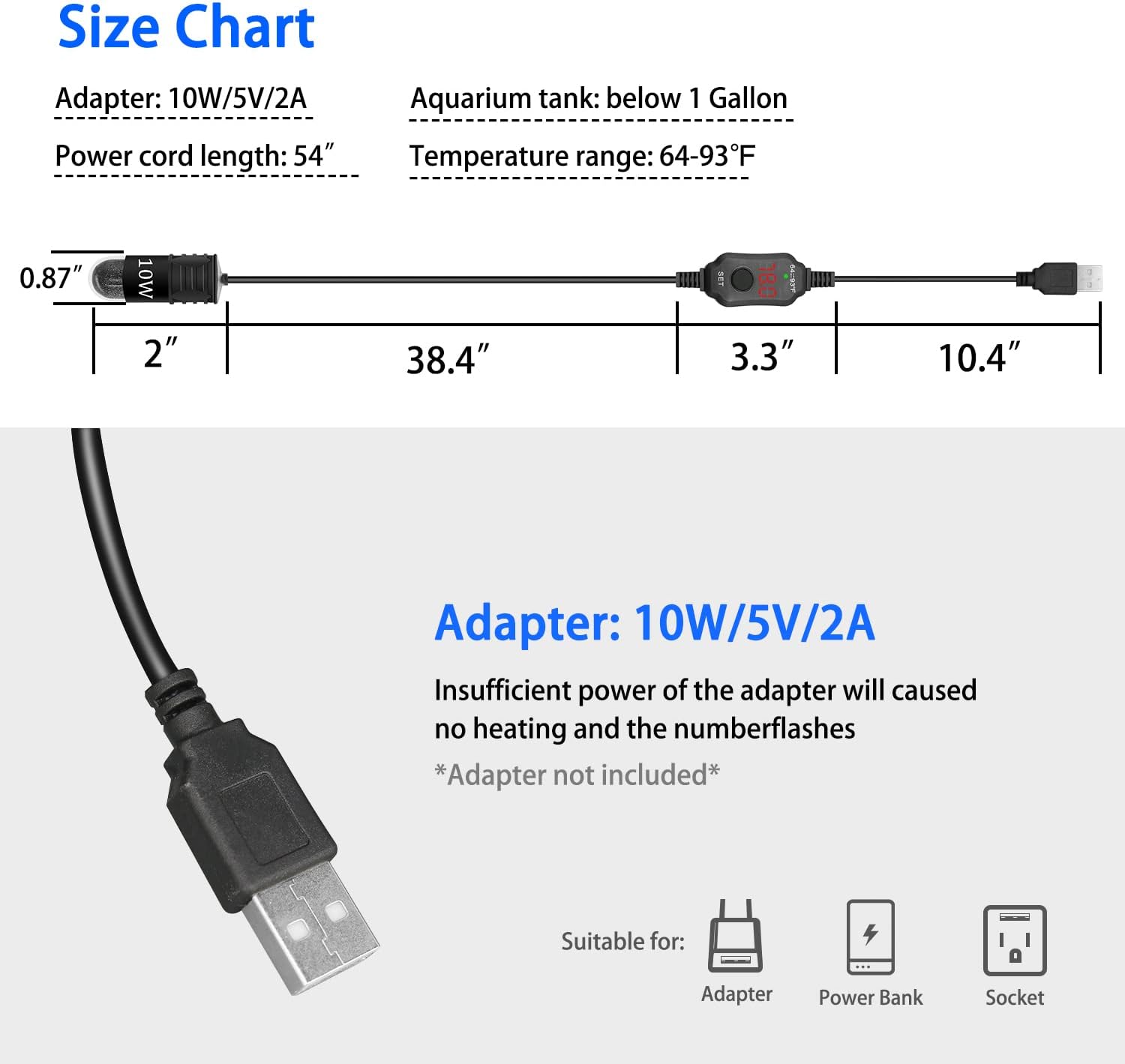 Adjustable Mini Aquarium Heater 0.5/1/2/3 Gallon Submersible Small Fish Tank Heater 10W/20W/30W Digital Display Thermostat External Temperature Controller