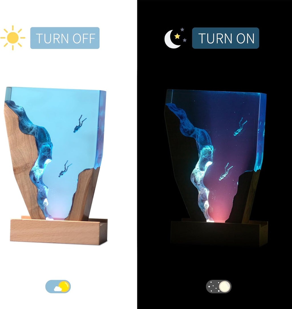 Epoxy Resin Lamp, Ocean Night Light,Artistry Home Decor Bedside Nightlight, Unique Resin Lighting, Nightstand Decorations for Bedroom, Suitable for Holidays(6inch-Two Divers)
