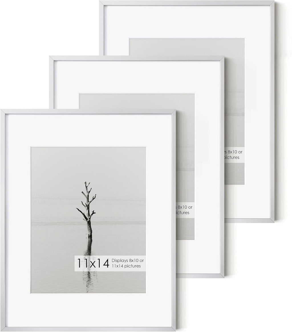 Fun Memories 11x14 Premium Metal Picture Frame - 11x14 Aluminum Photo Frames with 8x10 Mat, and Hanging Hardware - Ideal for Wall or Tabletop Display - Set of 3 - Sliver