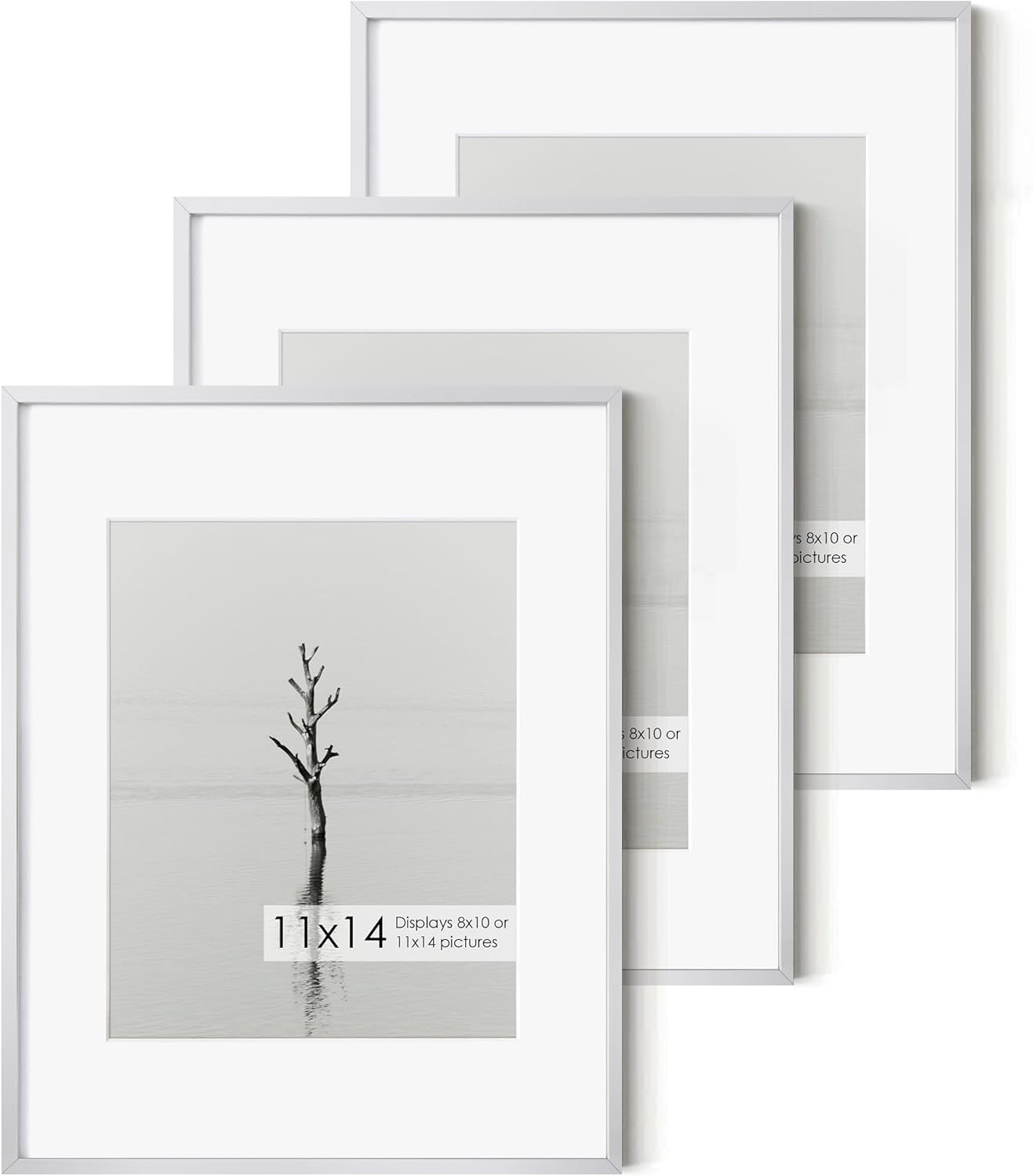 Fun Memories 11x14 Premium Metal Picture Frame - 11x14 Aluminum Photo Frames with 8x10 Mat, and Hanging Hardware - Ideal for Wall or Tabletop Display - Set of 3 - Sliver