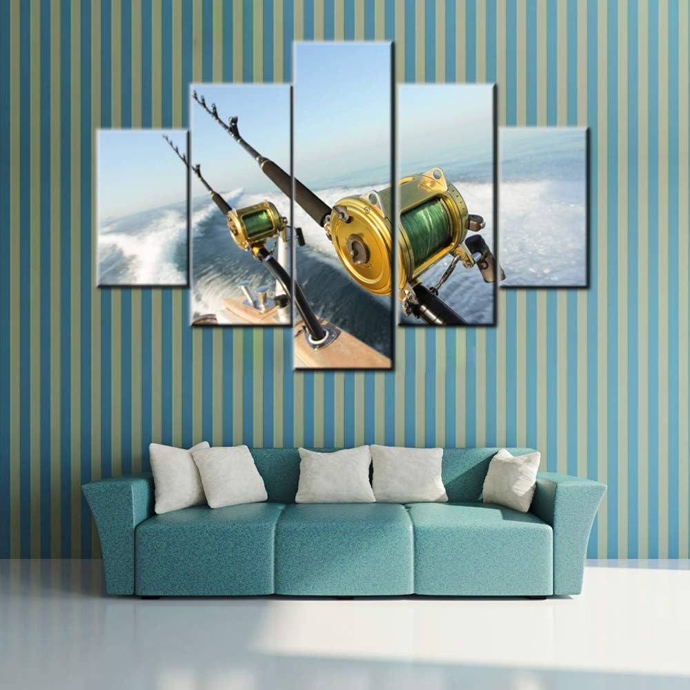 Multi Panel Canvas Wall Art Fishing Reels and Rods Paintings for Bedroom Giclee Angling Boat Artwork Modern Home Decor Seascape Pictures Wooden Framed Ready to Hang Posters and Prints(60''Wx40''H)