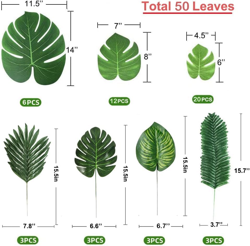 50 Pieces 7 Kinds Artificial Tropical Leaf Jungle Leaves Plant Safari Leaves Decorations Fake Palm Leaf with Stems for Hawaiian Luau Party Table Beach Birthday Wedding Theme Party Decorations