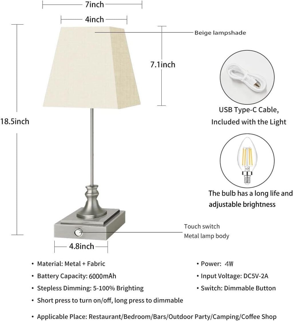 Rechargeable LED Table Lamps with Stepless Touch Control,Sliver Cordless Lamp for Living Room&Bedside&Patio&Shower,Small Desk Lamp(6000mAH Battery),2 Pack for Home Decor,Best Gifts for Family