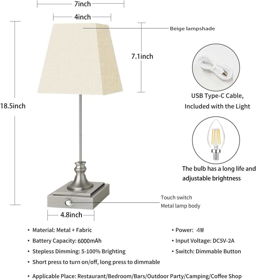 Rechargeable LED Table Lamps with Stepless Touch Control,Sliver Cordless Lamp for Living Room&Bedside&Patio&Shower,Small Desk Lamp(6000mAH Battery),2 Pack for Home Decor,Best Gifts for Family