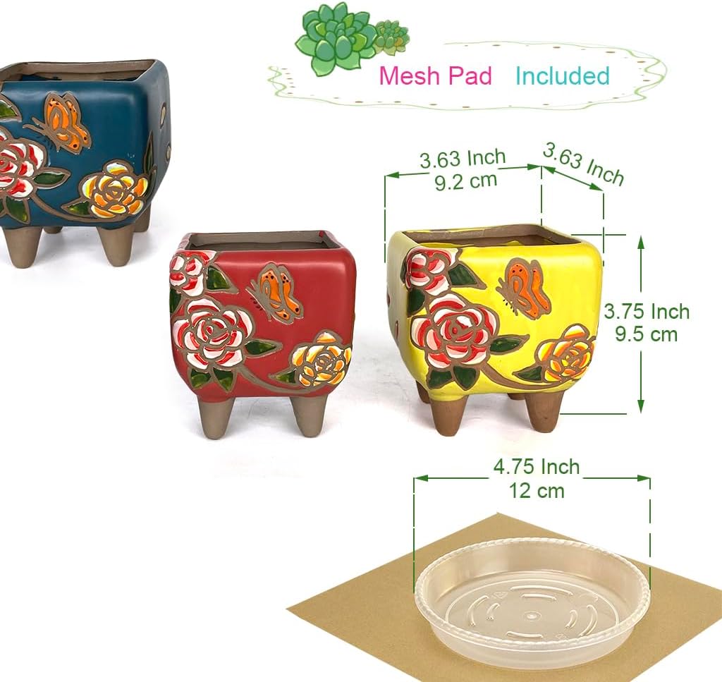 3.63 Inch Hand Painted Succulent Planter with Drainage and Saucers Ceramic Cactus Planter Pot Clay Pot Floral Design Indoor Outdoor Set of 3 (Green Yellow Red)