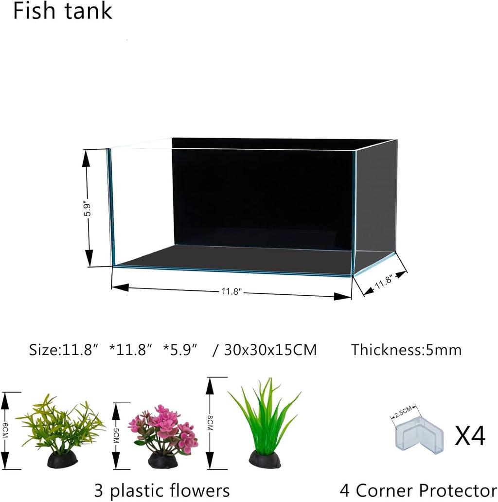 3.5 Gallon Fish Tank 30 * 30 * 15CM- Low Iron Glass Aquarium with Non-Slip Mat, Background Paper & Corner Protectors | Betta, Turtle, Shrimp Habitat Kit | Beginner Friendly Small Aquarium
