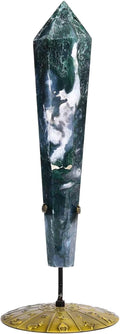 Moss Agate Wand Point Long Healing Crystal Scepter Decorative Stone Reiki Meditation with Display Stand Home Office Decor 0.8-1.1LBS