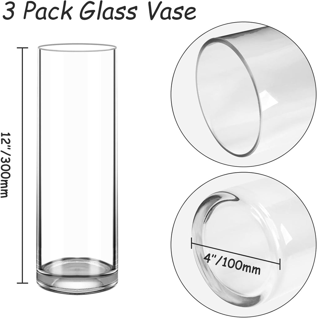 Glass Cylinder Vase 12 Inch High,Keketin Clear Glass Vase 3 Pack,Flower Vase for Table Centerpieces,Decor,Wedding Favors(4" W x 12" H)