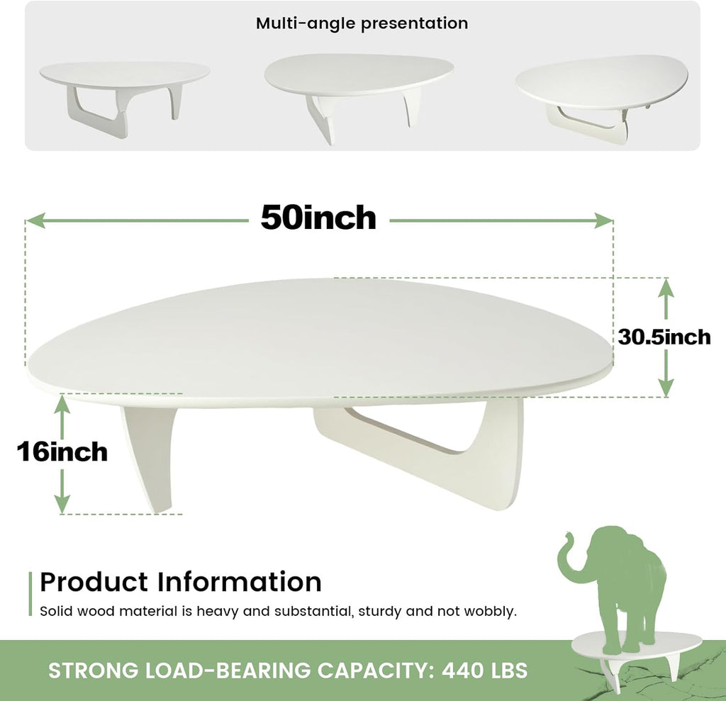 Solid Wooden Modern Triangle Coffee Table: Unique Funky Coffee Tables for Living Room, Oval Mid-Century Irregular Abstract Tea Tables for Patio Office Balcony Bedroom (White, 50" L x 31" W x 16" H)