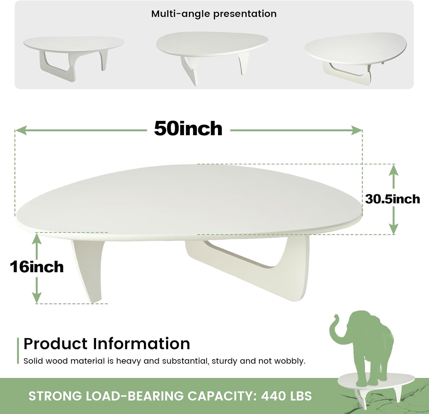 Solid Wooden Modern Triangle Coffee Table: Unique Funky Coffee Tables for Living Room, Oval Mid-Century Irregular Abstract Tea Tables for Patio Office Balcony Bedroom (White, 50" L x 31" W x 16" H)
