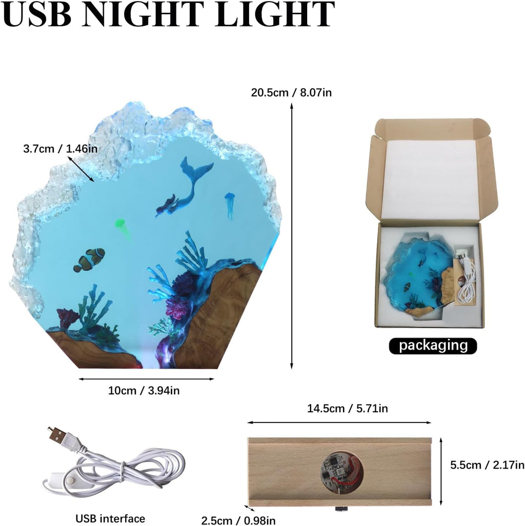 Epoxy Resin Lamp, Ocean Night Light,Artistry Home Decor Bedside Nightlight, Unique Resin Lighting, Nightstand Decorations for Bedroom, Suitable for Holidays(Mermaid)
