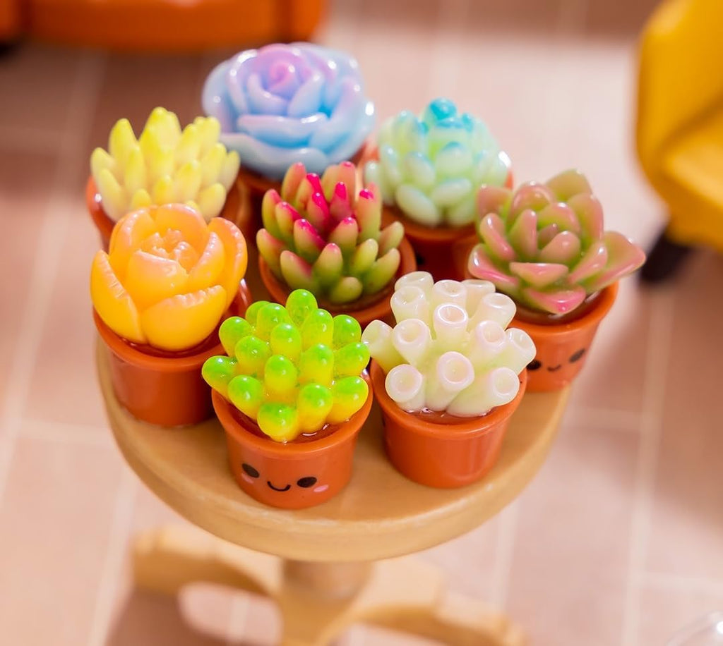 8 Pcs Succulent Planter Mini Resin Figurines with Smiley Face Flowerpots - Tiny Potted Flowers for Dollhouse Accessories, Courtyard, DIY Crafts, Desk, Car & Home Office Decorations