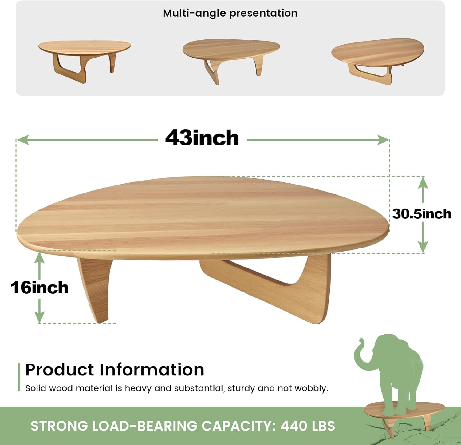 Solid Wooden Modern Triangle Coffee Table: Unique Funky Coffee Tables for Living Room, Oval Mid-Century Irregular Abstract Tea Tables for Patio Office Balcony Bedroom (Natural, 43" L x 31" W x 16" H)