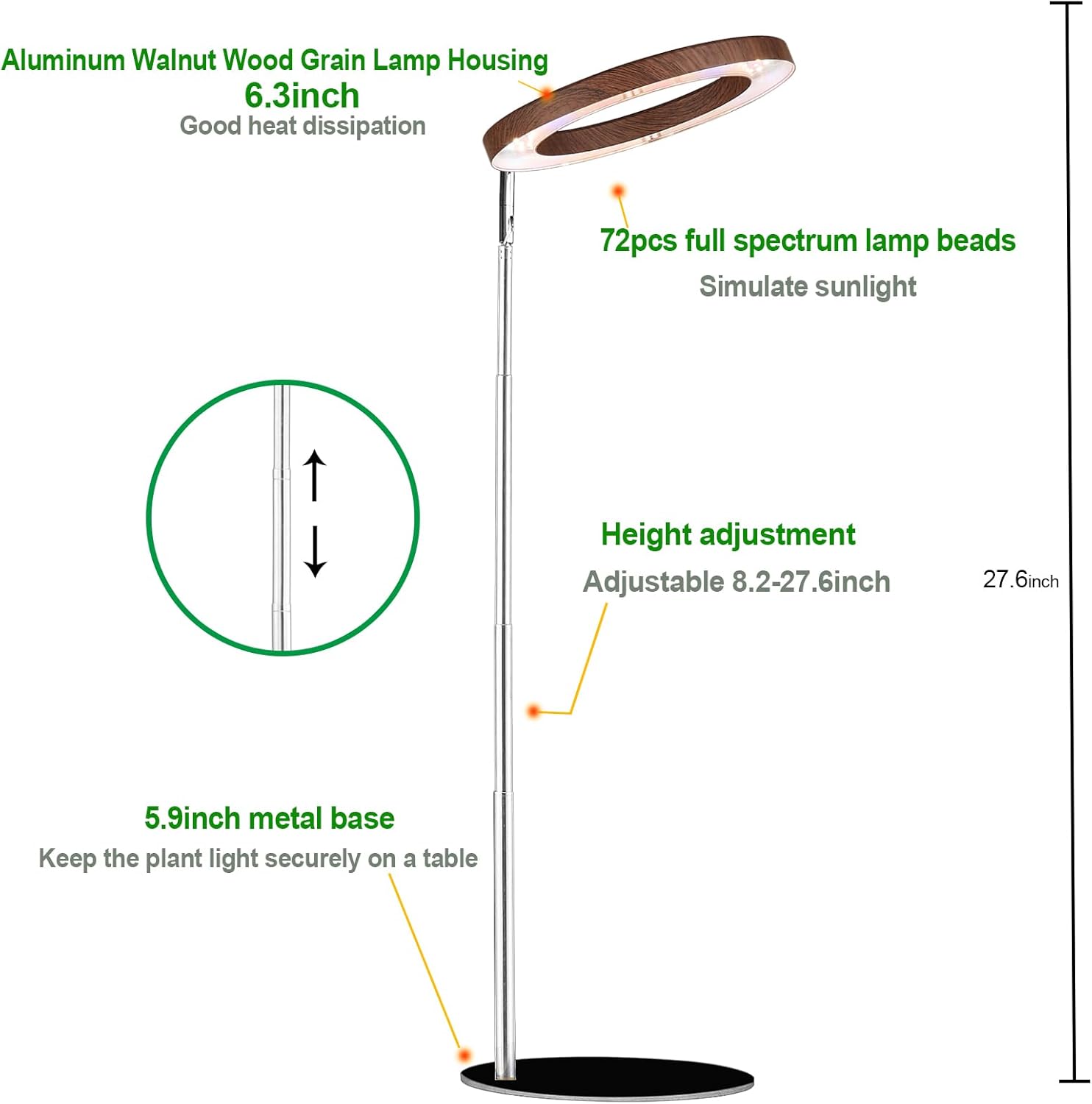 yadoker 72 LEDs Plant Grow Light for Indoor Plant,Aluminum Walnut Wood Grain Desk LED Grow Light, Height Adjustable,6.3" Aluminum Housing,Automatic Timer with 8/12/16 Hours,10-Level Brightnes
