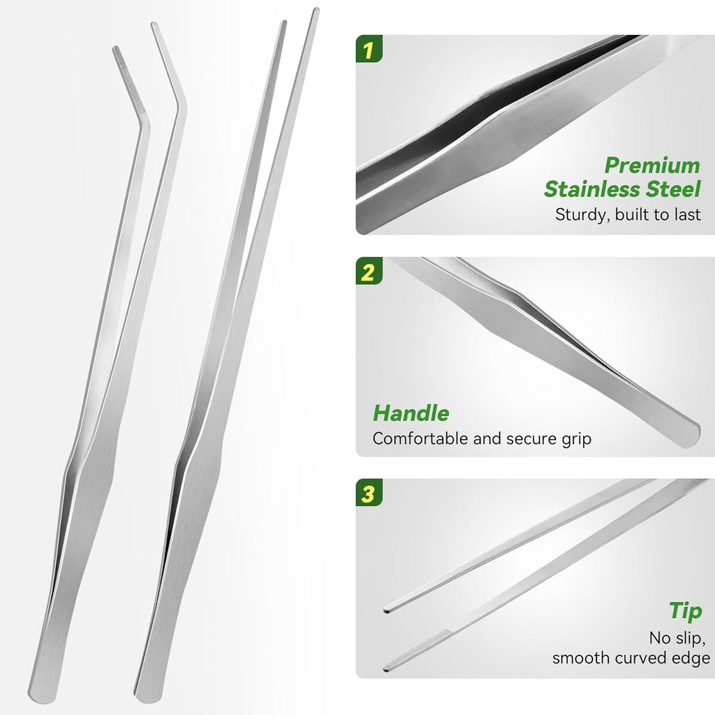 Long Aquarium Tweezers 15 inch - 4 Pcs Stainless Steel Crafts Tweezer Curved & Straight Design with No Slip Tips, Reptile Feeding Tongs, Terrarium Aquascape Tools Snake Bearded Dragon Tank Accessories