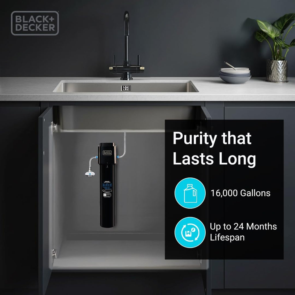 BLACK+DECKER Undersink Water Filter 15’’ | 2 Years | Reduces CHLORAMINE, Chlorine,Lead, PFAS, Bad Taste, Odor | Under Counter Water Filter Direct Connect to Kitchen Faucet | NSF/ANSI 42 Certified
