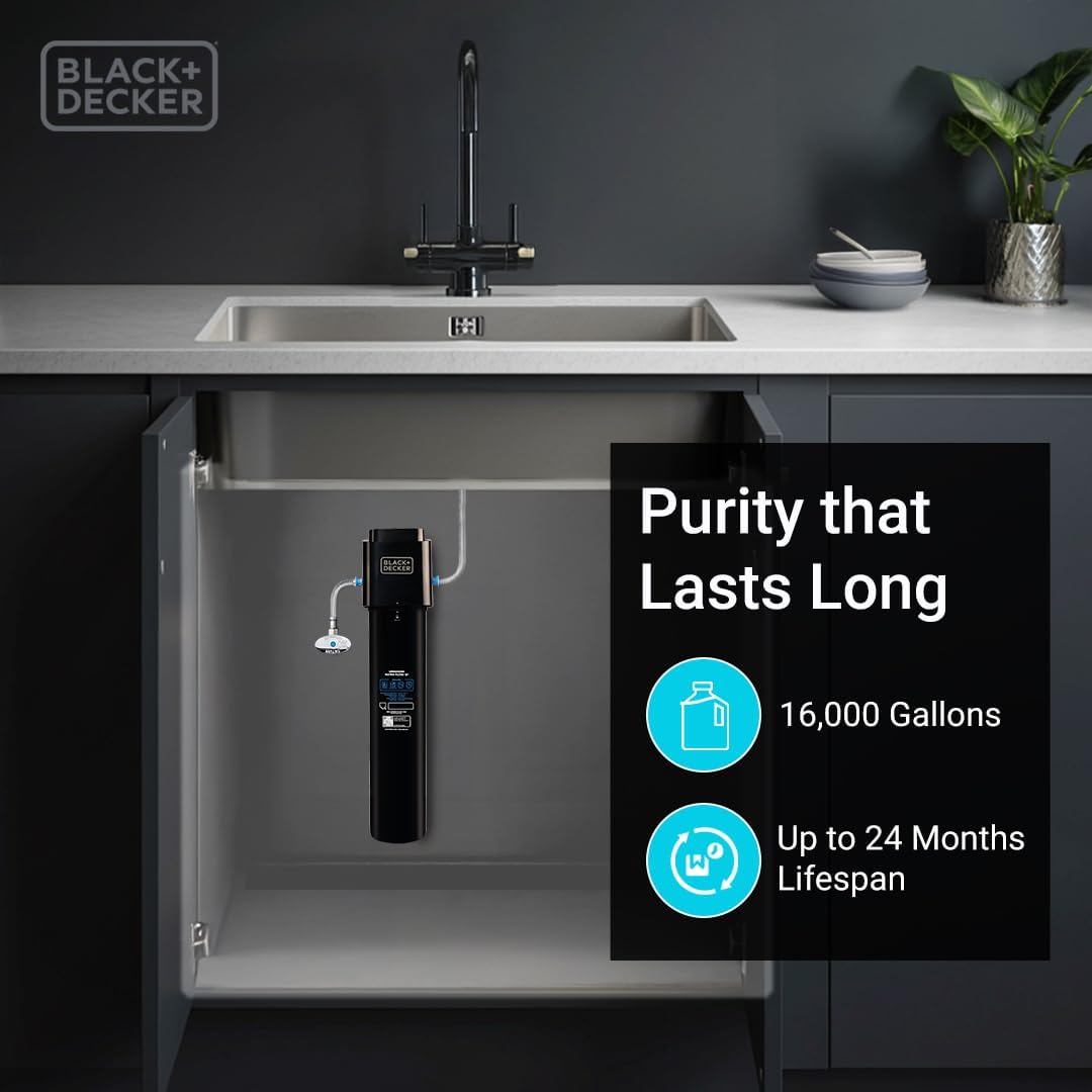 BLACK+DECKER Undersink Water Filter 15’’ | 2 Years | Reduces CHLORAMINE, Chlorine,Lead, PFAS, Bad Taste, Odor | Under Counter Water Filter Direct Connect to Kitchen Faucet | NSF/ANSI 42 Certified
