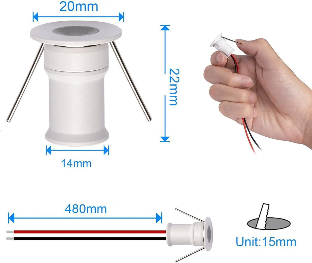 902 30°Led Mini Spotlight DC12V 1W,Suitable for bookcases,cabinets,and Various Display cabinets as Decorative Lights,Embedded Installation,Soft Lighting,with Power Supply (3000K,White,9Pack)