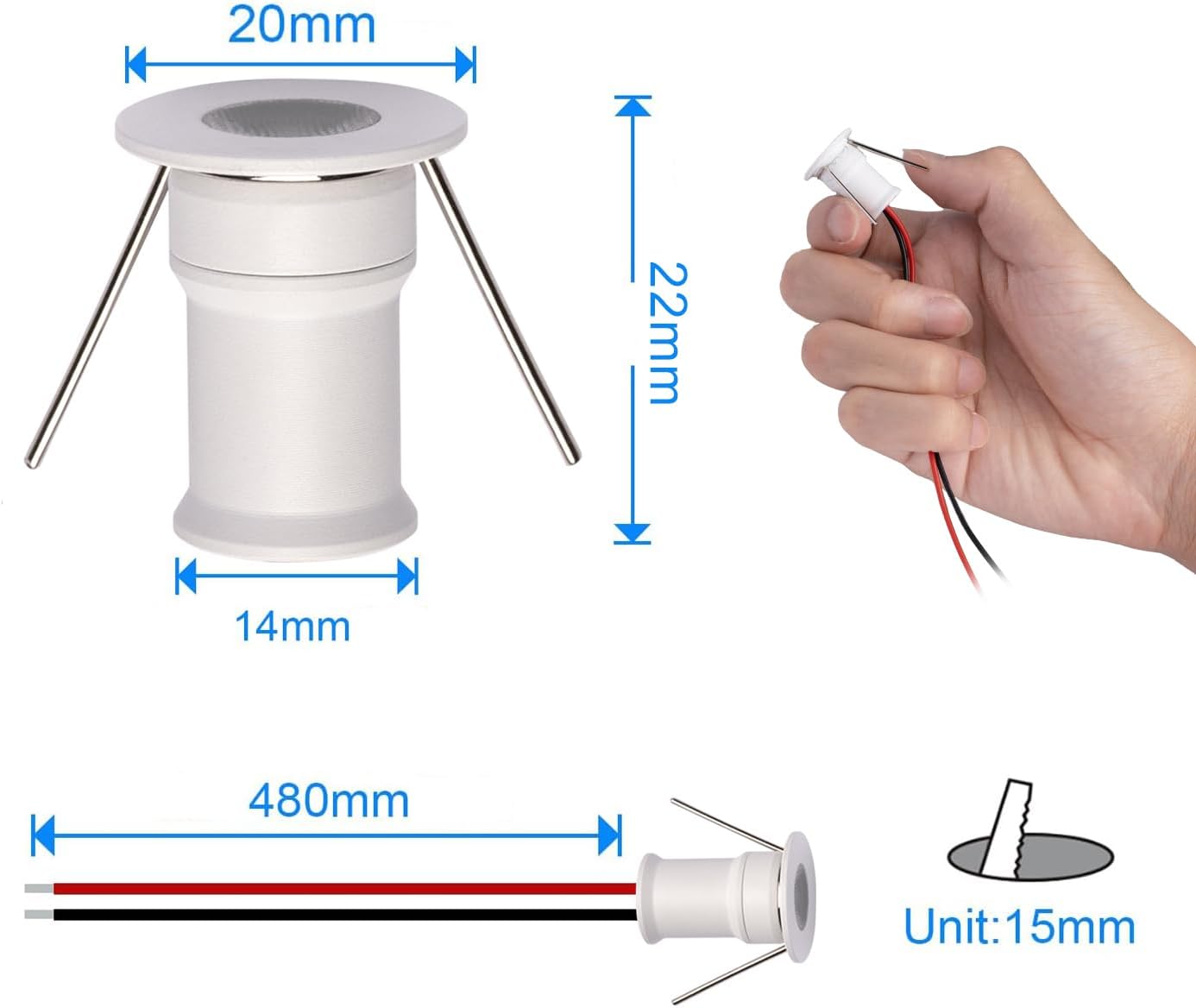 902 30°Led Mini Spotlight DC12V 1W,Suitable for bookcases,cabinets,and Various Display cabinets as Decorative Lights,Embedded Installation,Soft Lighting,with Power Supply (3000K,White,9Pack)