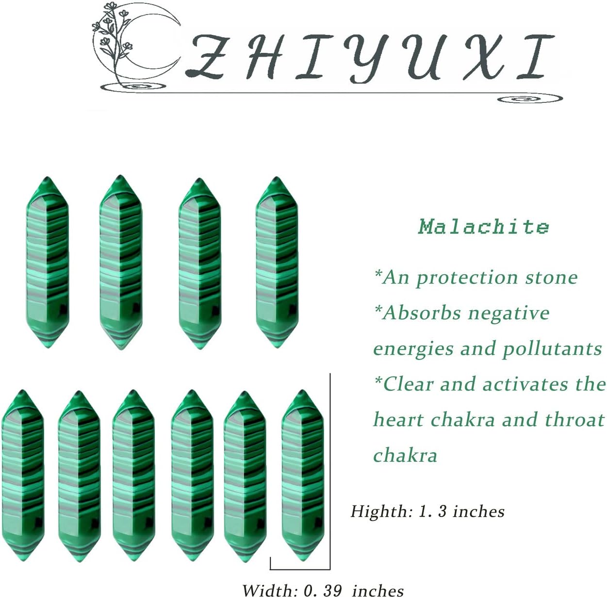 ZHIYUXI 20 Pcs Malachite Crystals Healing Crystals Set Malachite Stone Crystal Bulk Magic Pointed Hexagonal Crystal Wand Reiki Witchcraft Therapy Meditation Decor Accessories Gifts
