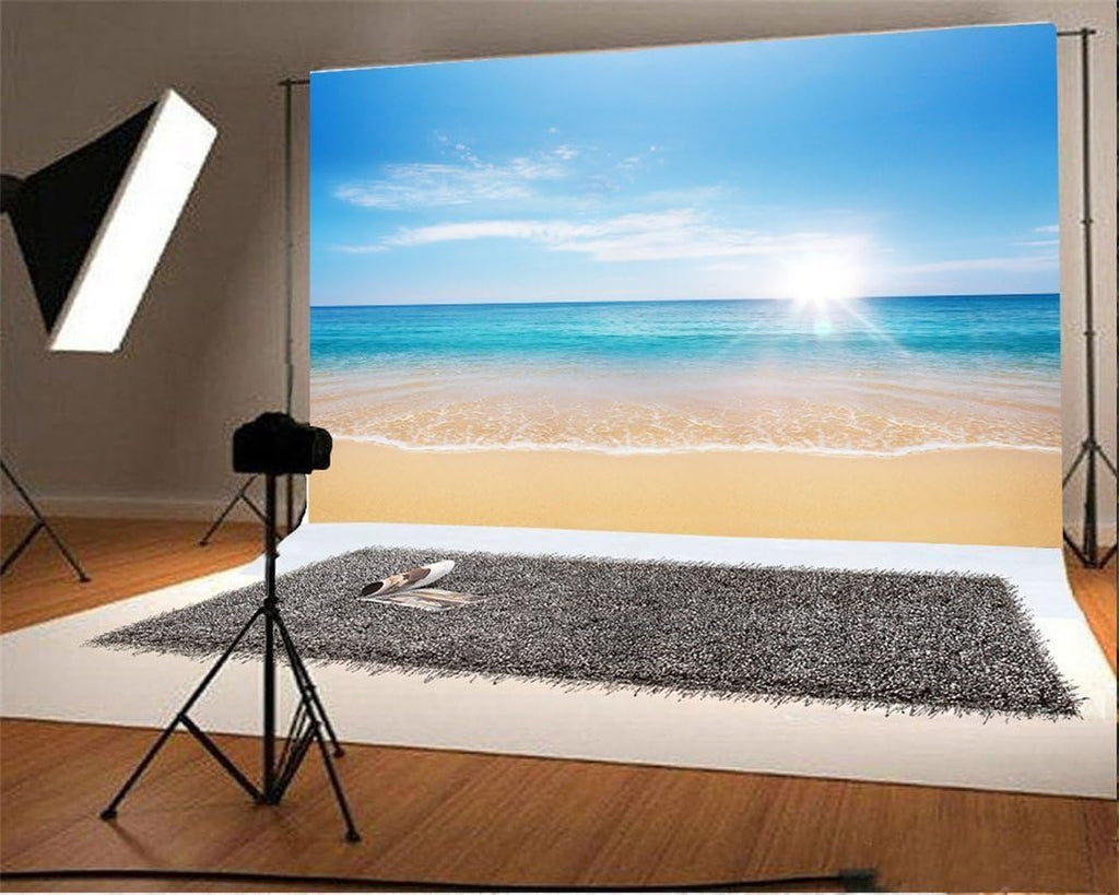 AOFOTO 6x4ft Beach Photography Studio Backdrop Sea Waves Background Blue Sea Clear Sky Sunlight Kid Baby Artistic Portrait Travel Vacation Photoshoot Props Video Drape Wallpaper