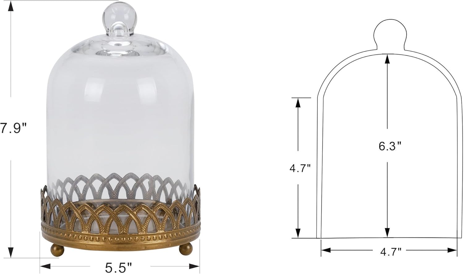 Twakutwku 8" Tall Large Sturdy Handmade Glass Cloche Dome with Metal Base in Gold for Plant, Terrarium, Collectibles, Candle. Cloche Glass Dome, Bell Jar Display Case (Gold, 8")