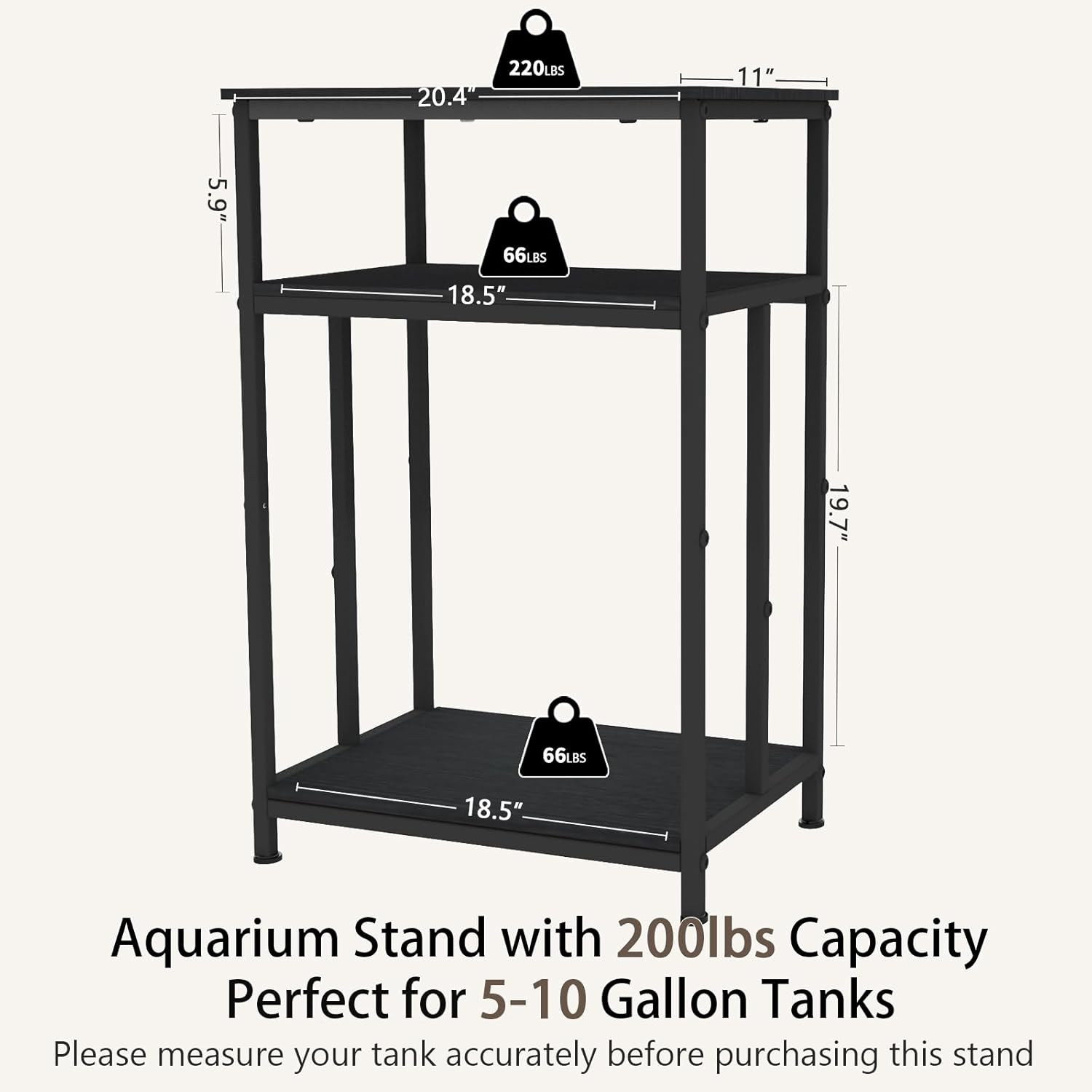 TFK Aquarium Stand 5-10 Gallon Fish Tank Stand, Multi-purpose Terrarium Stand with 3-Tier Storage Shelf, 20.4" W×11" D ×25.6" H, Black