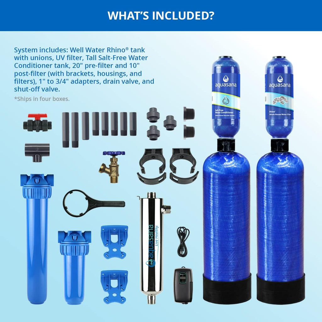 Aquasana Whole House Well Water Filter | 500,000 Gallons | UV, Carbon & KDF | Salt-Free Softener Alternative | Tackles up to 99.99% Chlorine, Bacteria, Viruses, Cysts & Scale | Rhino WH-WELL-CT-UV