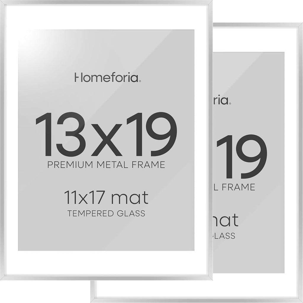 Homeforia 13 x 19 Frame Silver, High End Metal 13 x 19 Picture Frames with Mat 11 by 17 Photo, 13x19 Silver Poster Frame Matted to 11x17 Print, 19x13 Hanging Frames, Tempered Glass, Wall Kit, Set of 2
