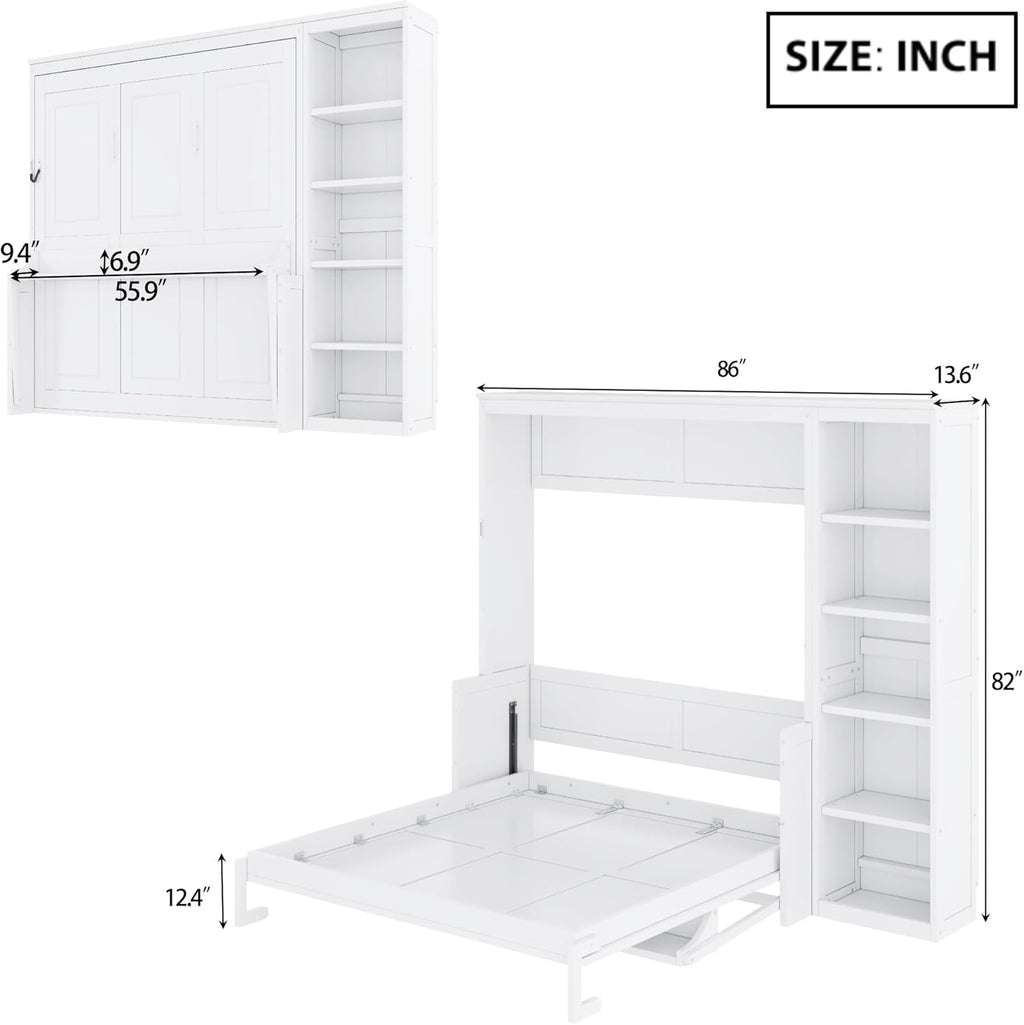 MERITLINE Full Murphy Bed with Desk and Storage Shelves,Wood Hideaway Murphy Wall Bed with Storage Bookcase for Adults (White,Full)