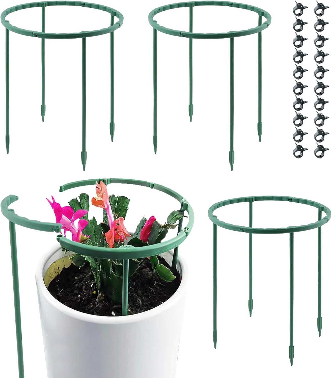 12 Pack Plant Support Stake,Half Round Plant Support Ring with 20 Pcs Clips,Plastic Plant Cage Plant Cage Holder for Small Plant Flower Vegetable,Indoor Leafy Plants(green,Size:9.45 x 5.51inch)