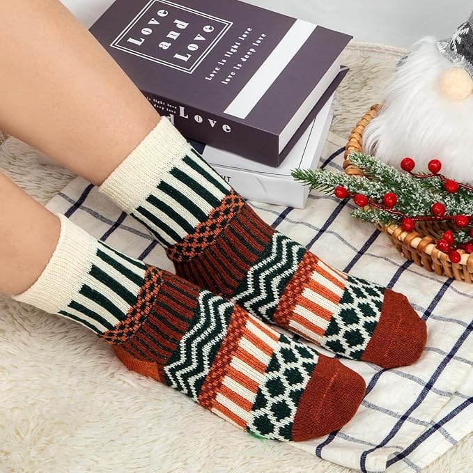 Justay 5 Pairs Wool Socks for Women - Winter Thick Boot Cozy Crew Vintage Soft Calf Knit Warm Socks Gifts
