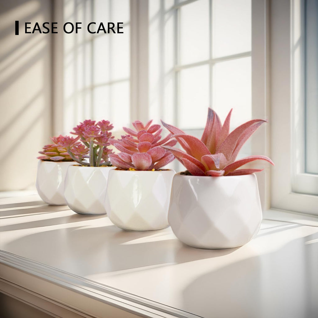 VIVERIE Mini Succulents Plants Artificial in Pots-Rose Pink, Christmas Small Fake Succulents Plants for Home Halloween Decor Indoor for Women, White Ceramic, Set of 4, Gifts for Mom