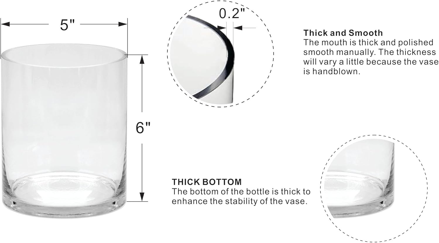 Generic 5"" Wide 6"" High Large Hand Blown Sturdy Clear Cylinder Glass Vase, Centerpiece Flower Vase for Rose, Tulip, Boquets, Hurricane Candle Holder Sizes: 5"" Dia 6"" High (1, 5""x6"")