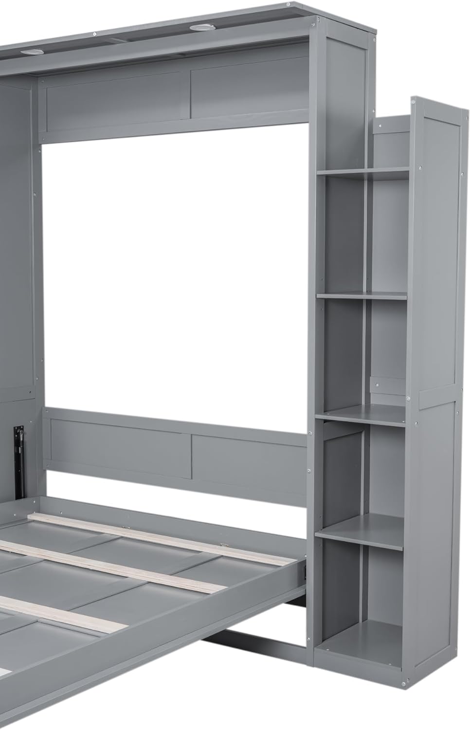 Queen Murphy Bed with Storage Shelves and LED Lights, Wood Grey Murphy Wall Bed Cabinet with Bookcase Bookshelf for Adults