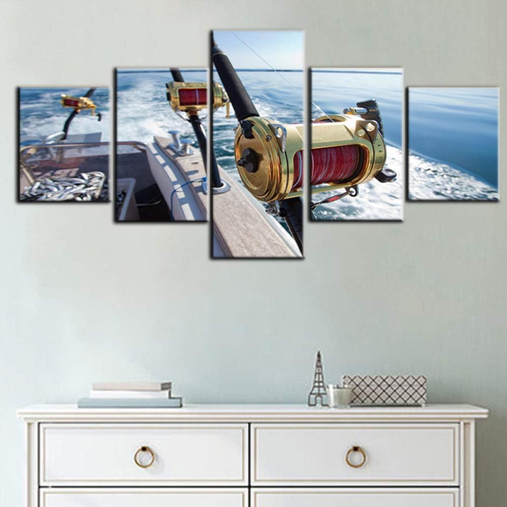 5 Piece Canvas Wall Art Fishing Reels and Rods Pictures for Living Room Premium Quality Angling Artwork White Sea Wave Paintings Bedroom House Decor Framed Gallery-Wrapped Ready to Hang(50''Wx24''H)