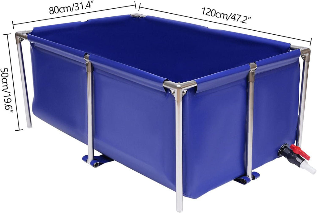 Canvas Fish Pond, Canvas Water Tank with Stainless Steel Tubes Foldable Fish Aquarium Tank Canvas Blue Cuboid Small Above Ground Pond with Drain Valve Indoor Outdoor Goldfish Tank for Breeding Koi